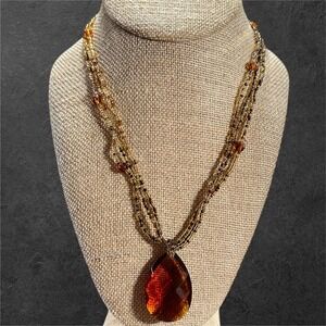 EsMor Vintage Style Amber‎ Glass Teardrop Pendant Necklace Multi Strand Beaded